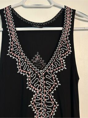 ULUWATU Black Sleeveless Maxi Dress Bali Handmade Embroidered Trim Small Flowy